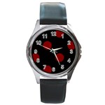 Polka Dots - Maroon Red on Black Round Metal Watch