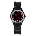 Polka Dots - Maroon Red on Black Stainless Steel Round Watch
