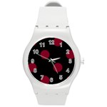 Polka Dots - Burgundy Red on Black Round Plastic Sport Watch (M)