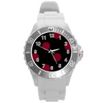 Polka Dots - Burgundy Red on Black Round Plastic Sport Watch (L)