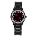 Polka Dots - Burgundy Red on Black Stainless Steel Round Watch