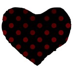 Polka Dots - Burgundy Red on Black Large 19  Premium Heart Shape Cushion