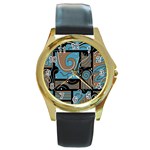 Blue and brown abstraction Round Gold Metal Watch
