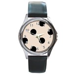 Polka Dots - Black on Almond Brown Round Metal Watch
