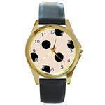 Polka Dots - Black on Almond Brown Round Gold Metal Watch
