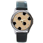 Polka Dots - Black on Tan Brown Round Metal Watch