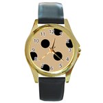 Polka Dots - Black on Tan Brown Round Gold Metal Watch