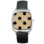 Polka Dots - Black on Tan Brown Square Metal Watch
