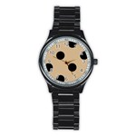 Polka Dots - Black on Tan Brown Stainless Steel Round Watch