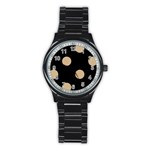 Polka Dots - Tan Brown on Black Stainless Steel Round Watch