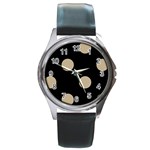 Polka Dots - Khaki Brown on Black Round Metal Watch