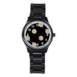 Polka Dots - Khaki Brown on Black Stainless Steel Round Watch