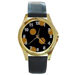 Polka Dots - Golden Brown on Black Round Gold Metal Watch