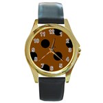 Polka Dots - Black on Chocolate Brown Round Gold Metal Watch