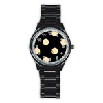 Polka Dots - Peach Orange on Black Stainless Steel Round Watch