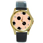 Polka Dots - Black on Apricot Orange Round Gold Metal Watch