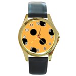 Polka Dots - Black on Pastel Orange Round Gold Metal Watch
