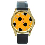 Polka Dots - Black on Dark Tangerine Orange Round Gold Metal Watch