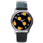 Polka Dots - Dark Tangerine Orange on Black Round Metal Watch
