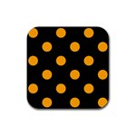 Polka Dots - Dark Tangerine Orange on Black Rubber Coaster (Square)