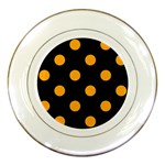 Polka Dots - Dark Tangerine Orange on Black Porcelain Plate