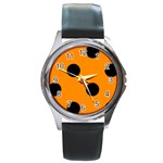 Polka Dots - Black on Dark Orange Round Metal Watch