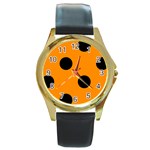Polka Dots - Black on Dark Orange Round Gold Metal Watch