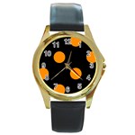 Polka Dots - Dark Orange on Black Round Gold Metal Watch