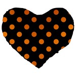Polka Dots - Dark Orange on Black Large 19  Premium Flano Heart Shape Cushion