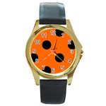 Polka Dots - Black on Safety Orange Round Gold Metal Watch
