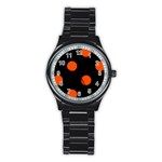 Polka Dots - Tangelo Orange on Black Stainless Steel Round Watch
