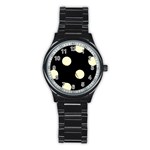 Polka Dots - Cream Yellow on Black Stainless Steel Round Watch