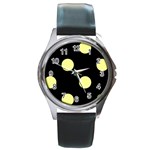 Polka Dots - Pastel Yellow on Black Round Metal Watch