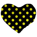 Polka Dots - Yellow on Black Large 19  Premium Heart Shape Cushion