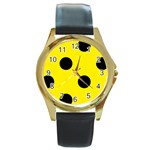 Polka Dots - Black on Canary Yellow Round Gold Metal Watch