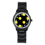 Polka Dots - Canary Yellow on Black Stainless Steel Round Watch