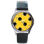 Polka Dots - Black on Banana Yellow Round Metal Watch