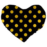 Polka Dots - Banana Yellow on Black Large 19  Premium Heart Shape Cushion