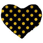 Polka Dots - Banana Yellow on Black Large 19  Premium Flano Heart Shape Cushion