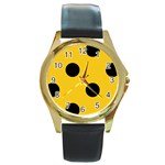 Polka Dots - Black on Deep Lemon Yellow Round Gold Metal Watch