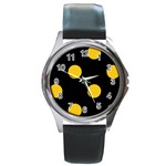 Polka Dots - Deep Lemon Yellow on Black Round Metal Watch