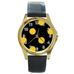 Polka Dots - Deep Lemon Yellow on Black Round Gold Metal Watch