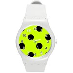 Polka Dots - Black on Fluorescent Yellow Round Plastic Sport Watch (M)