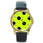 Polka Dots - Black on Fluorescent Yellow Round Gold Metal Watch