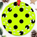 Polka Dots - Black on Fluorescent Yellow Round Filigree Ornament (Two Sides)