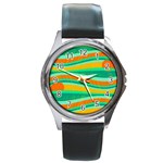 Green and orange decorative design Round Metal Watch