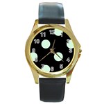 Polka Dots - Pastel Green on Black Round Gold Metal Watch
