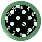 Polka Dots - Pastel Green on Black Color Wall Clock