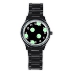 Polka Dots - Mint Green on Black Stainless Steel Round Watch