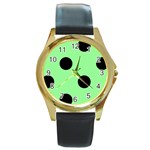 Polka Dots - Black on Light Green Round Gold Metal Watch